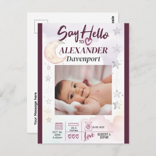 Hallo Zeg maar tegen New Baby. Bewerkbare tekst & Briefkaart (Voorkant / Achterkant)