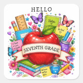 Hallo Zevende Klas Retro Appel Vierkante Sticker (Voorkant)