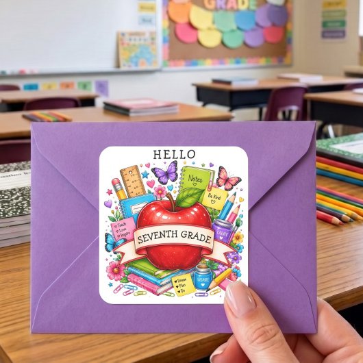 Hallo Zevende Klas Retro Appel Vierkante Sticker