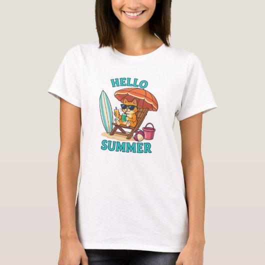 Hallo Zomer Kat T-shirt – Schattigee Cartoon Beach (Voorkant)