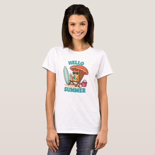 Hallo Zomer Kat T-shirt – Schattigee Cartoon Beach (Voorkant volledig)