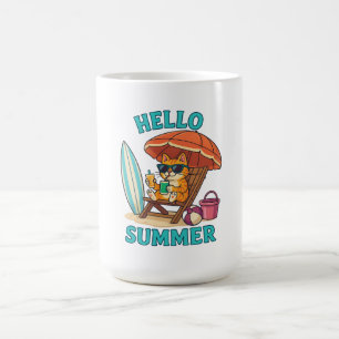 Hallo Zomer Kat T-shirt – Schattigee Cartoon Beach Koffiemok