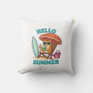 Hallo Zomer Kat T-shirt – Schattigee Cartoon Beach Kussen