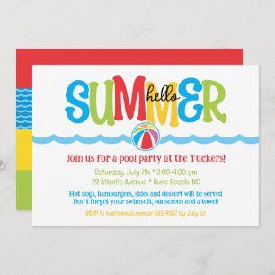 Hallo Zomer Kleurrijke Beach Ball Waves Pool Party Kaart