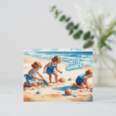 Hallo Zomer Retro Kinderen Spelen Op Een Strand Briefkaart (Staand voorkant)