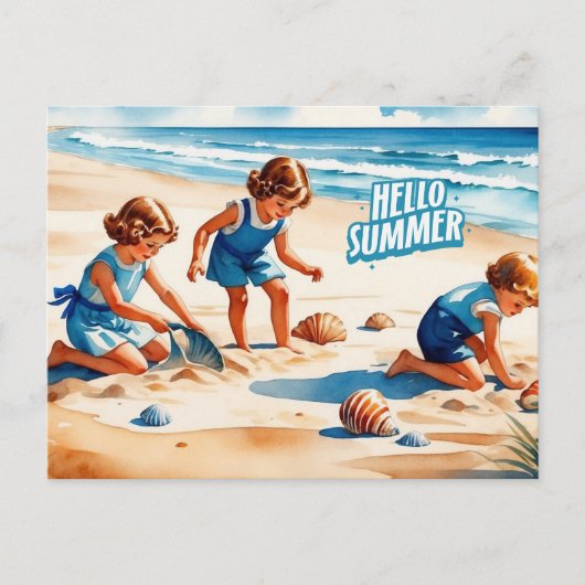 Hallo Zomer Retro Kinderen Spelen Op Een Strand Briefkaart (Voorkant)
