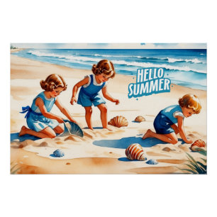Hallo Zomer Retro Kinderen Spelen Op Een Strand Perfect Poster