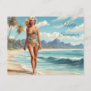 Hallo Zomer Retro Lady Wandelen op het strand Briefkaart