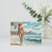 Hallo Zomer Retro Lady Wandelen op het strand Briefkaart (Staand voorkant)
