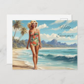 Hallo Zomer Retro Lady Wandelen op het strand Briefkaart (Voorkant / Achterkant)