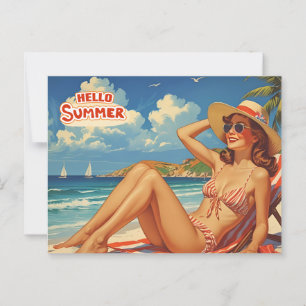 Hallo Zomer Retro Vrouw op het Strand Briefkaart