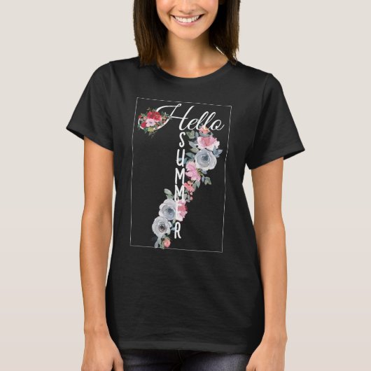 Hallo zomer roze en blauw Bloemen T-shirt (Voorkant)