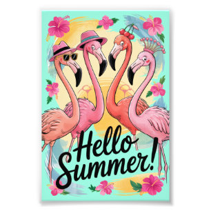 Hallo Zomer Schattige Flamingo Strand Vakantie Tro Foto Afdruk