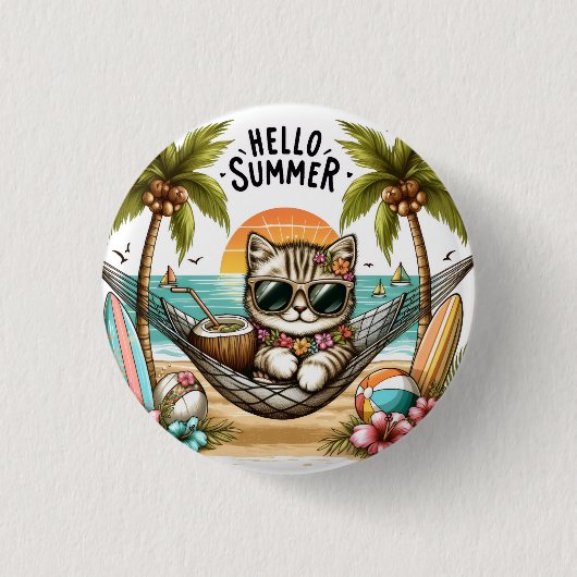Hallo Zomer Strand Kat Ronde Button 3,2 Cm (Voorkant)