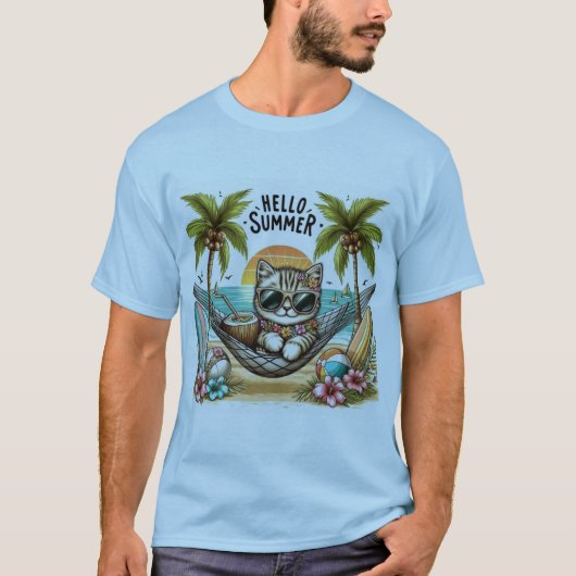 Hallo Zomer Strand Kat T-shirt (Voorkant)