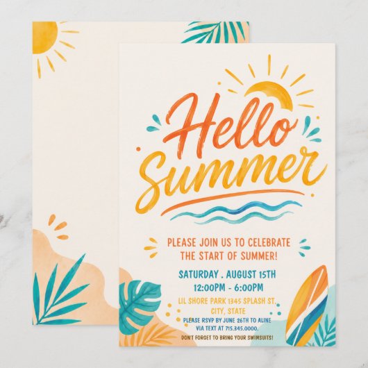 Hallo Zomer Strandfeest Uitnodiging (Voorkant / Achterkant)