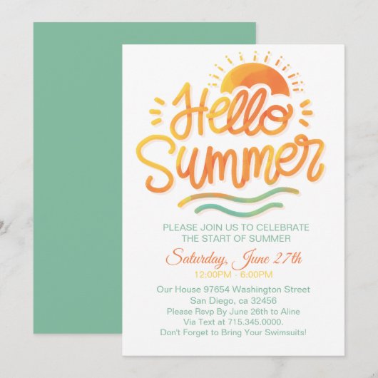 Hallo Zomer Sun Oranje Pool Party Kaart (Voorkant / Achterkant)