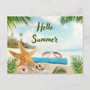 Hallo Zomer tropisch strand, zeeschelpen, zonnebri Briefkaart