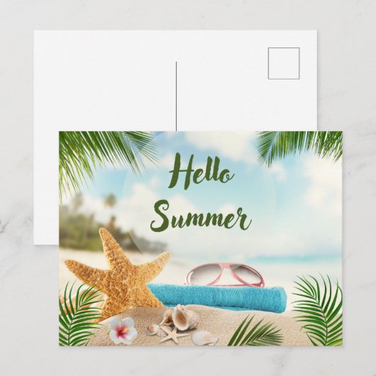 Hallo Zomer tropisch strand, zeeschelpen, zonnebri Briefkaart (Voorkant / Achterkant)