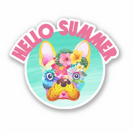 Hallo Zomer Tropische Kleurrijke Franse Bulldog Sticker (Voorkant)