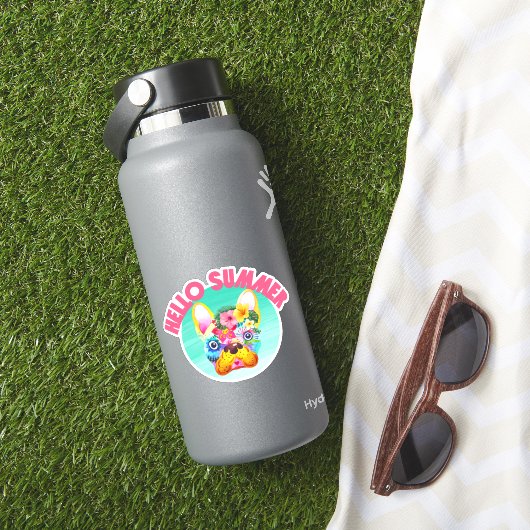 Hallo Zomer Tropische Kleurrijke Franse Bulldog Sticker (HydroFlask Insitu)