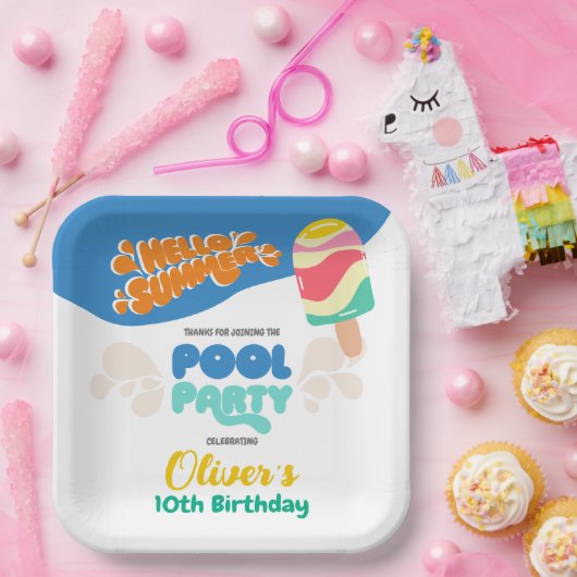 Hallo Zomer! uitnodiging voor poolparty Papieren Bordje (Feest)