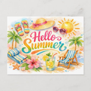 Hallo Zomer Waterverf Tropisch Strand  Briefkaart