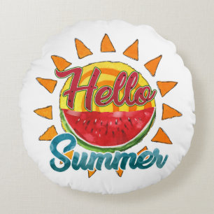 Hallo zomer   Waterverf Watermeloen & Levendige Zo Rond Kussen