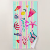 "Hallo Zomer" zee en zomeraquarel gestreept Strandlaken (Voorkant)