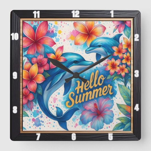 Hallo Zomerdolfijn Bloemen Vierkante Klok (Voorkant)