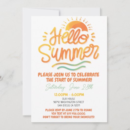 Hallo Zomerfeest Uitnodiging Zon Zomer Sinaasappel (Voorkant)