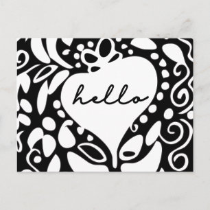 "Hallo" Zwart & Wit, harten, bladeren patroon Briefkaart