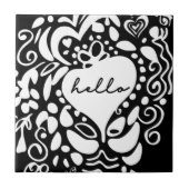 "Hallo" Zwart-wit, harten, bladpatroon Tegeltje (Voorkant)