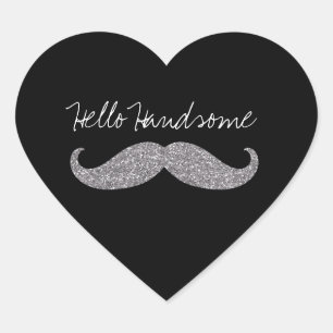 Hallo Zwart Zilver Glitz Mustache Hart Sticker