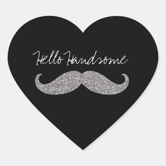 Hallo Zwart Zilver Glitz Mustache Hart Sticker (Voorkant)