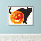 HALLOEEN BLACK CAT EN PUMPKIN CANVAS AFDRUK (Insitu (Houten vloer))
