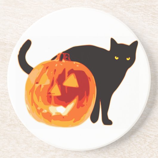 HALLOEEN BLACK CAT EN PUMPKIN ZANDSTEEN ONDERZETTER (Voorkant)