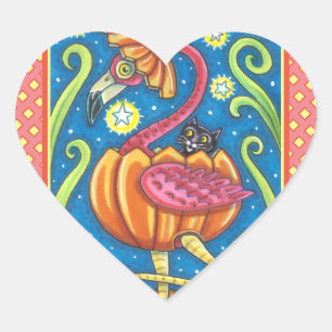 HALLOEEN PINK FLAMINGO & BLACK CAT IN PUMPKIN HART STICKER