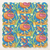 HALLOEEN PINK FLAMINGO & BLACK CAT IN PUMPKIN KARTONNEN ONDERZETTERS (Voorkant)