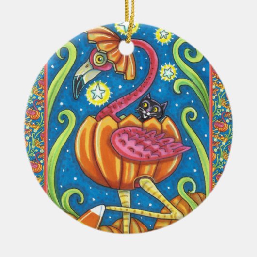 HALLOEEN PINK FLAMINGO & BLACK CAT IN PUMPKIN KERAMISCH ORNAMENT (Voorkant)