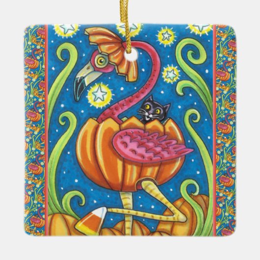 HALLOEEN PINK FLAMINGO & BLACK CAT IN PUMPKIN KERAMISCH ORNAMENT (Voorkant)