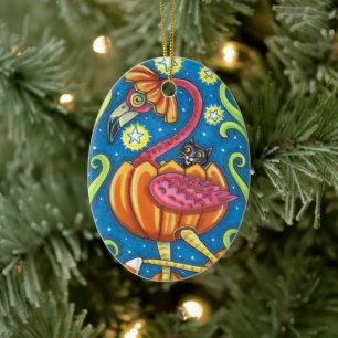 HALLOEEN PINK FLAMINGO & BLACK CAT IN PUMPKIN KERAMISCH ORNAMENT