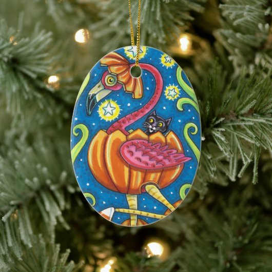 HALLOEEN PINK FLAMINGO & BLACK CAT IN PUMPKIN KERAMISCH ORNAMENT (Boom)