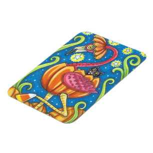 HALLOEEN PINK FLAMINGO & BLACK CAT IN PUMPKIN MAGNEET