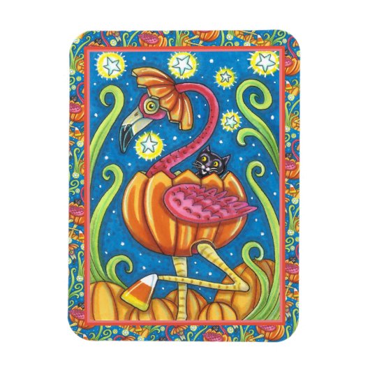 HALLOEEN PINK FLAMINGO & BLACK CAT IN PUMPKIN MAGNEET (Verticaal)