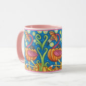 HALLOEEN PINK FLAMINGO & BLACK CAT IN PUMPKIN MOK (Voorkant links)