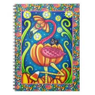 HALLOEEN PINK FLAMINGO & BLACK CAT IN PUMPKIN NOTITIEBOEK