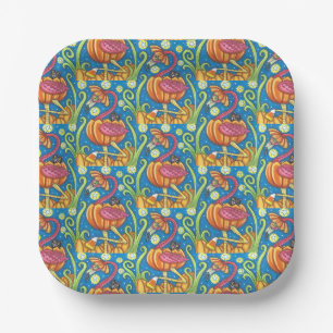 HALLOEEN PINK FLAMINGO & BLACK CAT IN PUMPKIN PAPIEREN BORDJE