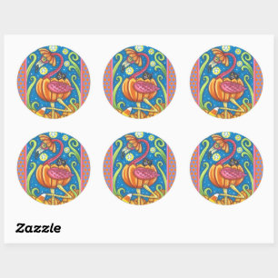 HALLOEEN PINK FLAMINGO & BLACK CAT IN PUMPKIN RONDE STICKER