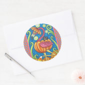 HALLOEEN PINK FLAMINGO & BLACK CAT IN PUMPKIN RONDE STICKER (Envelop)